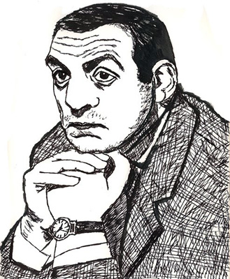Portraitzeichnung vom franzsischen Schauspieler Lino Ventura, Tusche auf Papier, Krimi, Held, Film Noir, Film Policier