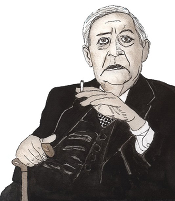 Portraitzeichnung bzw. Karikatur vom deutschen Altbundeskanzler Helmut Schmidt, Tusche und Aquarell auf Papier